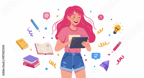 Cheerful Young Girl Using a Tablet for Online Learning Surrounded by Floating Educational Icons and Creative Symbols on a White Background