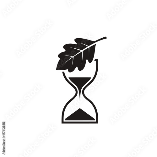 Hourglass symbol with leaf represents time passage and nature concepts