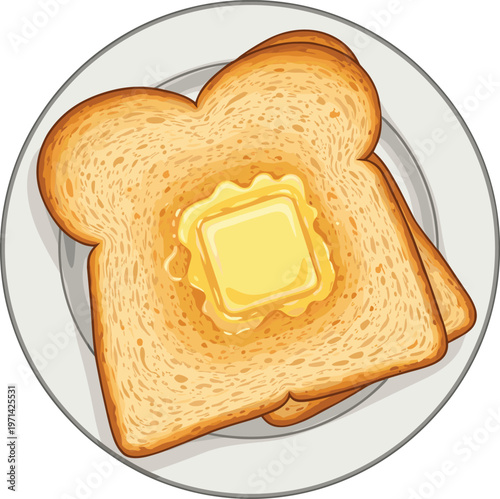 Golden Brown Toasted Bread Slices with Melting Square of Butter on White Ceramic Plate for Breakfast Menus, Healthy Eating, and Cafe Graphics