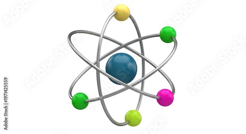 3D atom model with colorful electrons and nucleus