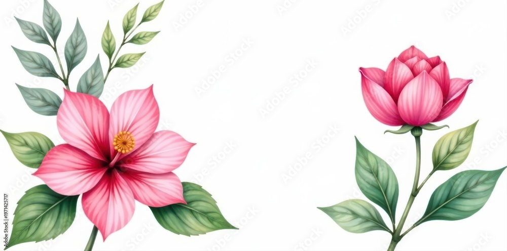 Fototapeta premium Pretty pink watercolor flower and leaf set White background , pastel, plant, feminine