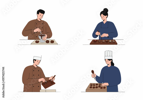 Professional Chocolatiers and Pastry Chefs Handcrafting Gourmet Chocolate Candies and Truffles, Set of Four Flat Illustrations on a White Background.