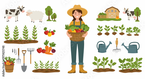 Flat vector illustration set of a young female farmer with fresh vegetables, farm animals, crops, gardening tools, and a barn.