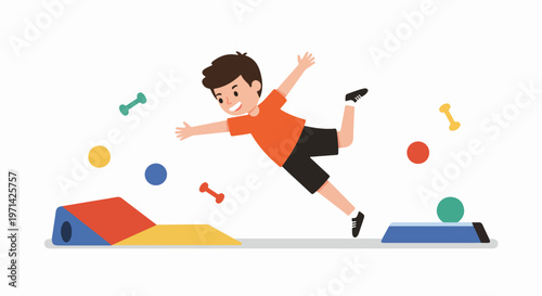 A cheerful cartoon boy jumping through the air among various colorful sports equipment in a gym or playroom setting.