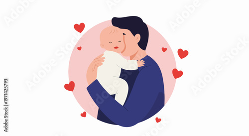 Fatherhood concept illustration featuring a tender moment of a dad cuddling his newborn baby, surrounded by red hearts on a pink background.