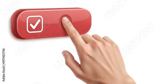 Hand pressing red checkmark button on white background