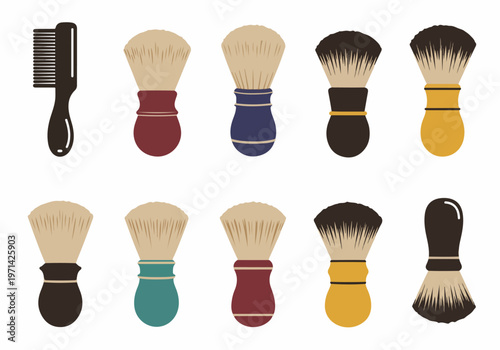 Collection of flat vector icons showing various colorful shaving brushes and a barber comb for men's grooming and barbershop design.