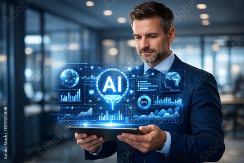 Businessman Holding Tablet with AI Dashboard, Data Analytics and Machine Learning Technology Concept