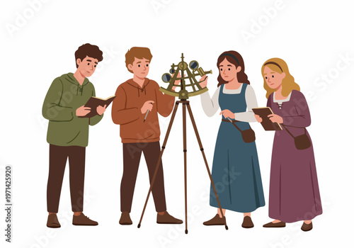 A group of four students in historical clothing studying an ancient astronomical instrument like a sextant on a tripod, flat vector illustration.