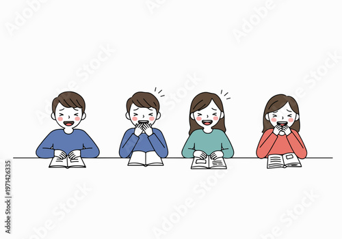 Four children laughing and enjoying reading books together, a happy group of students in a flat cartoon style.