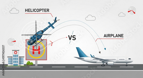 Helicopter versus airplane comparison infographic showing flight paths and travel benefits for medical or emergency service transport in urban environments