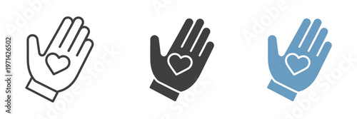 Hand holding heart icon set for charity donation and healthcare concept, hand with heart palm symbols, care and support icons, love and compassion signs, nonprofit and medical aid vector design for ap