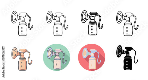 Collection of eight diverse illustrations depicting manual breast pumps in various artistic styles, including line art and colored flat designs.