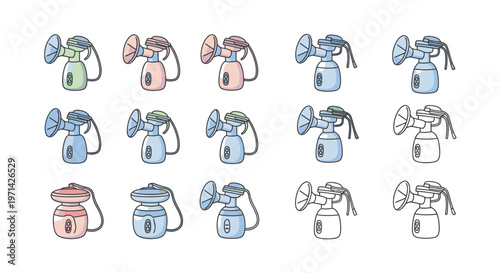 Collection of various manual and electric breast pumps in different colors and designs for maternity care.
