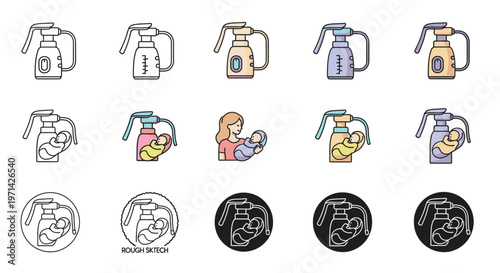 Set of diverse icons depicting manual breast pumps and mothers breastfeeding babies in various design styles.