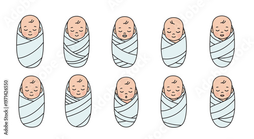 Ten cute cartoon babies swaddled in blue blankets, sleeping peacefully in a simple illustration on a white background.