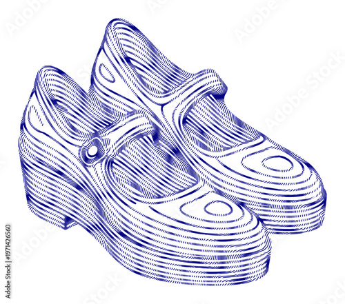 Blue, hand-drawn Mary Jane shoes, women's fashion illustration, vector footwear design