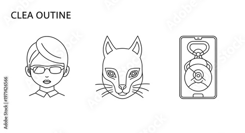Three minimalist outline illustrations featuring a person's head with glasses, a cat's face, and a smartphone displaying a bottle opener and a circular icon.
