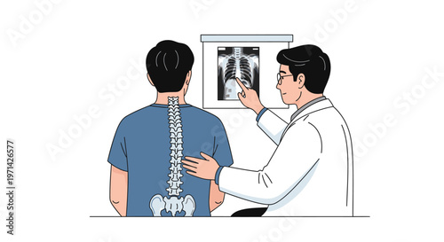 Doctor explaining spinal X-ray to a patient during a medical consultation about back health.