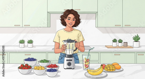 Happy woman preparing a healthy smoothie with a blender in a modern kitchen surrounded by bowls of fresh fruits and vegetables for a nutritious breakfast