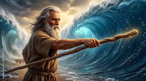 Moses parting the sea with his staff, dramatic biblical Old Testament scene of divine power and deliverance