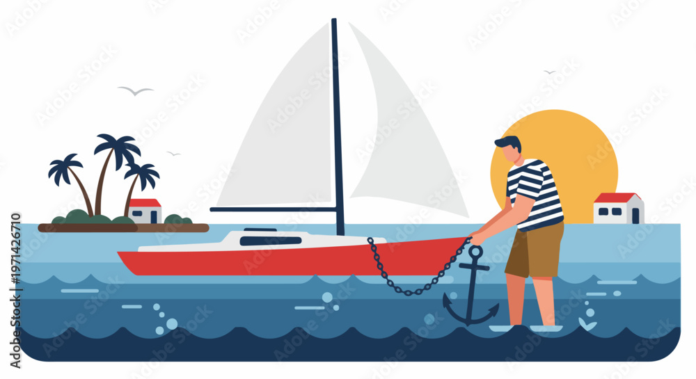Naklejka premium Flat vector illustration of a man pulling a heavy anchor for a red sailboat at sunset near a tropical island.
