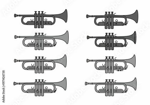 Collection of Eight Minimalist Trumpet Illustrations in Grayscale for Music and Jazz Themed Graphic Design Projects