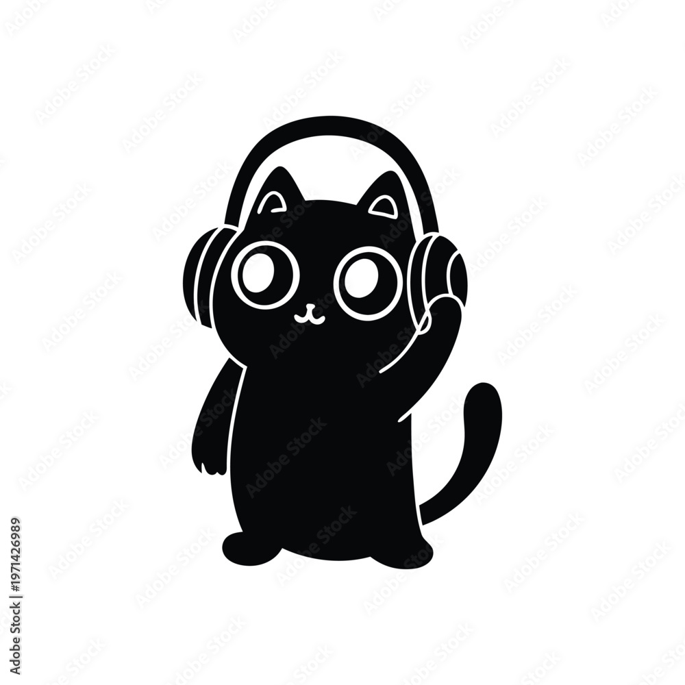 Fototapeta premium Cute black and white minimalist cartoon cat with headphones vector style