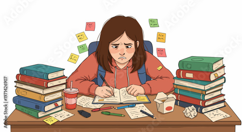 Overwhelmed Stressed Student Girl Studying Hard at Desk Surrounded by Books and Sticky Notes
