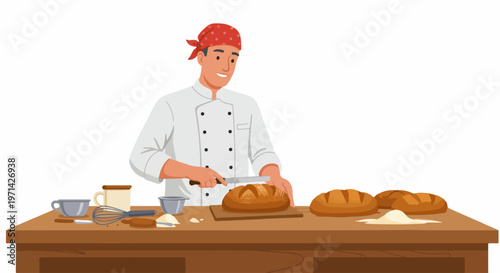 A smiling male baker in a chef uniform and red bandana slicing fresh homemade bread on a wooden kitchen table.