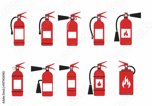 Set of various red fire extinguisher icons and illustrations for fire safety and emergency prevention, isolated on a white background.