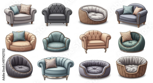 Collection of various modern and classic armchair designs and comfortable pet beds isolated on a clean white background for interior design