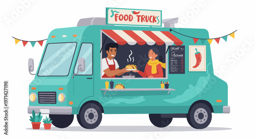 Vibrant Flat Illustration of a Friendly Male Vendor Serving a Fresh Taco to a Female Customer from a Teal Mexican Food Truck.