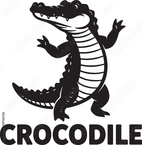 black and white illustration of a crocodile standing on its hind legs