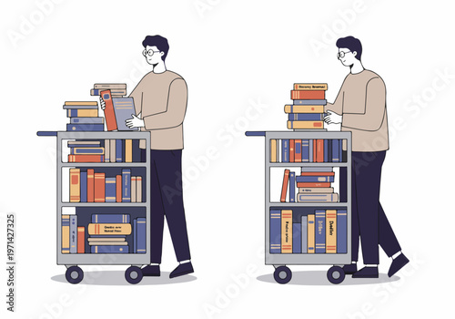 Illustration of a male librarian or student organizing and pushing a library cart full of books for study and research.