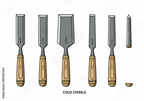 An illustration of various cold chisels with wooden handles and different blade widths, isolated on a white background.