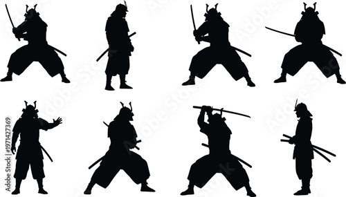 Set of eight black samurai warrior silhouettes in combat and standing poses with katana swords isolated on white background collection