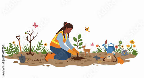 Illustration of a young woman in a safety vest planting a tree sapling in a garden, representing environmental conservation and reforestation.