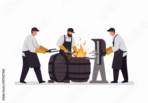 Vector illustration of three coopers working on wooden barrels using traditional fire charring techniques in a cooperage workshop on white background.