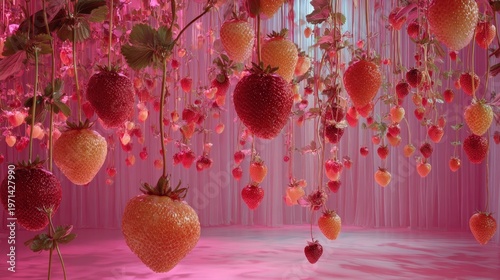 Fresh red and pink strawberries hang in a surreal indoor garden setting.