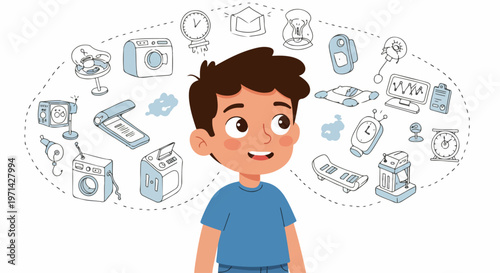 A curious cartoon boy imagining various household items and creative ideas, represented by floating icons in a thought-provoking vector illustration.