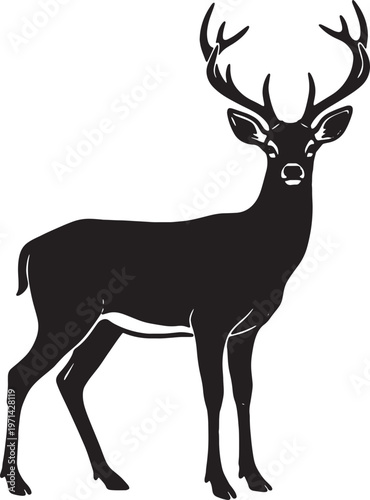 black silhouette of a deer with antlers standing still
