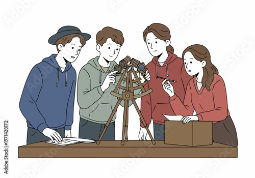 Group of young students or researchers curiously examining a vintage navigational instrument on a tripod in a collaborative learning environment illustration.