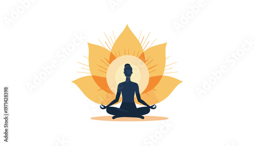 Meditation silhouette with lotus flower background in calming colors  