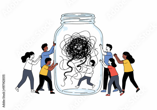 A diverse group of people collaborating to untangle a complex mess inside a large glass jar, representing teamwork and problem-solving.