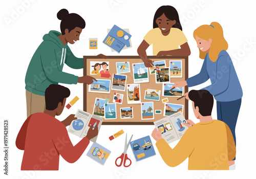 Diverse Group of Friends Collaborating on a Travel Mood Board and Planning Their Next Vacation Adventure Together