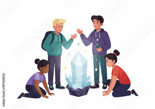 Four curious teenagers discover a giant glowing crystal, embarking on a mysterious magical adventure together in this flat vector illustration.
