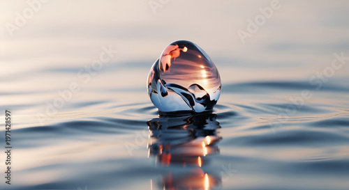 Close up of an iridescent globe egg floating on calm ocean waves at sunset, reflecting warm sky colors, symbolizing new beginnings and global exploration