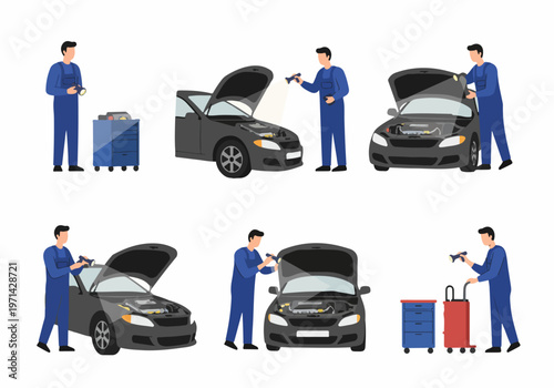 Set of flat vector illustrations of a professional car mechanic inspecting an engine with a flashlight and managing tools in an auto repair shop.