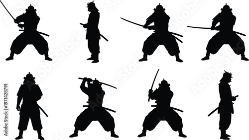 Set of eight black samurai warrior silhouettes with katana swords in combat and standing poses isolated on white background
